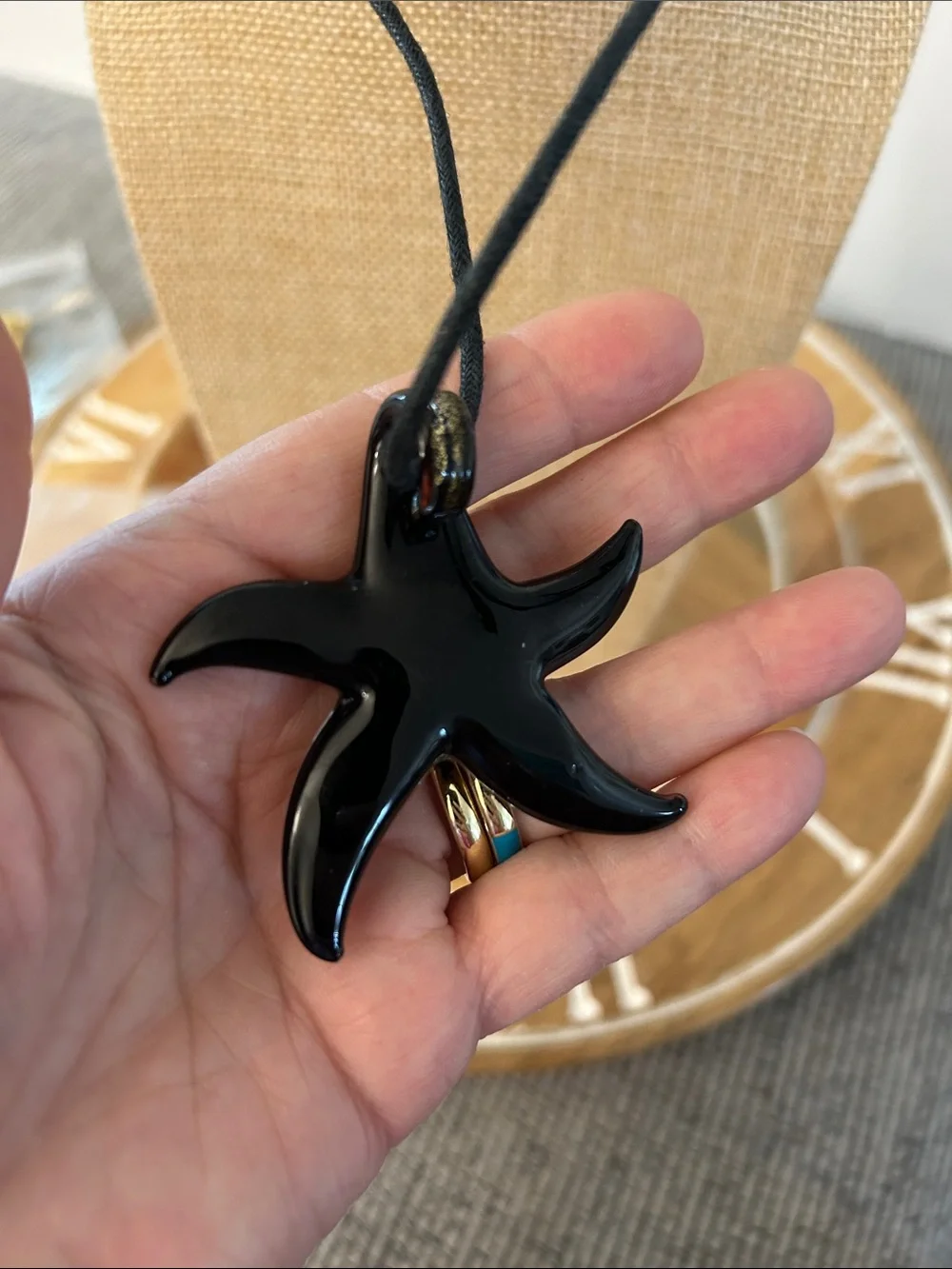 Glass starfish Pendant Necklace - Black Cord gold black orange